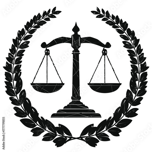 Classic scales of justice in a laurel wreath, black and white vector illustration symbolizing law, legal system, court, and ethical balance.