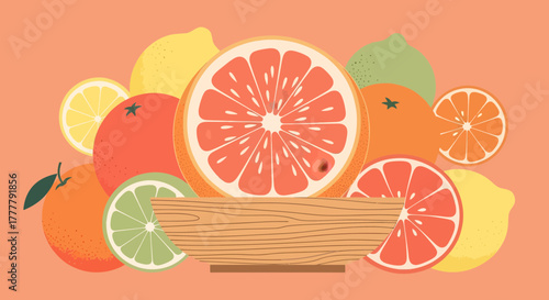 Vibrant Citrus Fruits Displayed Around A Wooden Bowl With A Soft Peach Background