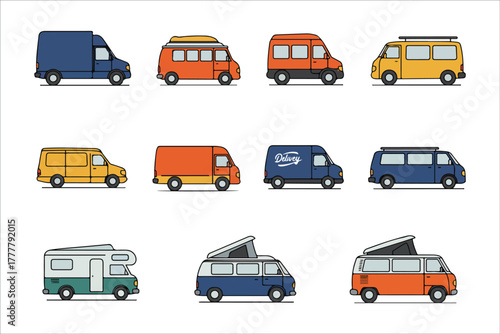 Collection of Colorful Commercial and Recreational Vehicles Cartoon Style Illustration