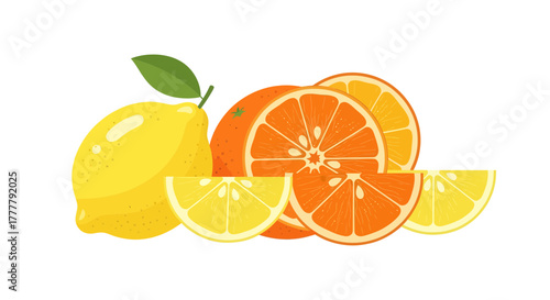 Vibrant Citrus Fruits: Illustrative Lemon, Orange Slices, Design elements for Food Themes