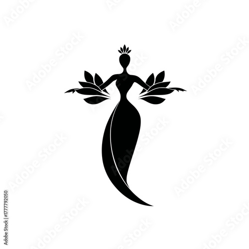 Elegant Black Silhouette of a Queen or Nature Goddess with Crown and Leaf Wings, Abstract Vector Illustration Icon