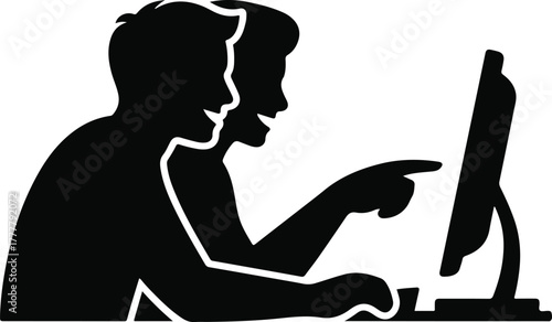 Vector two people silhouetted looking at a computer screen, one pointing at the screen isolated on white background