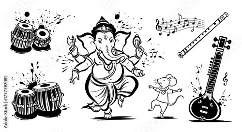 Festive Indian Music and Dance Celebration with Ganesha and Mouse