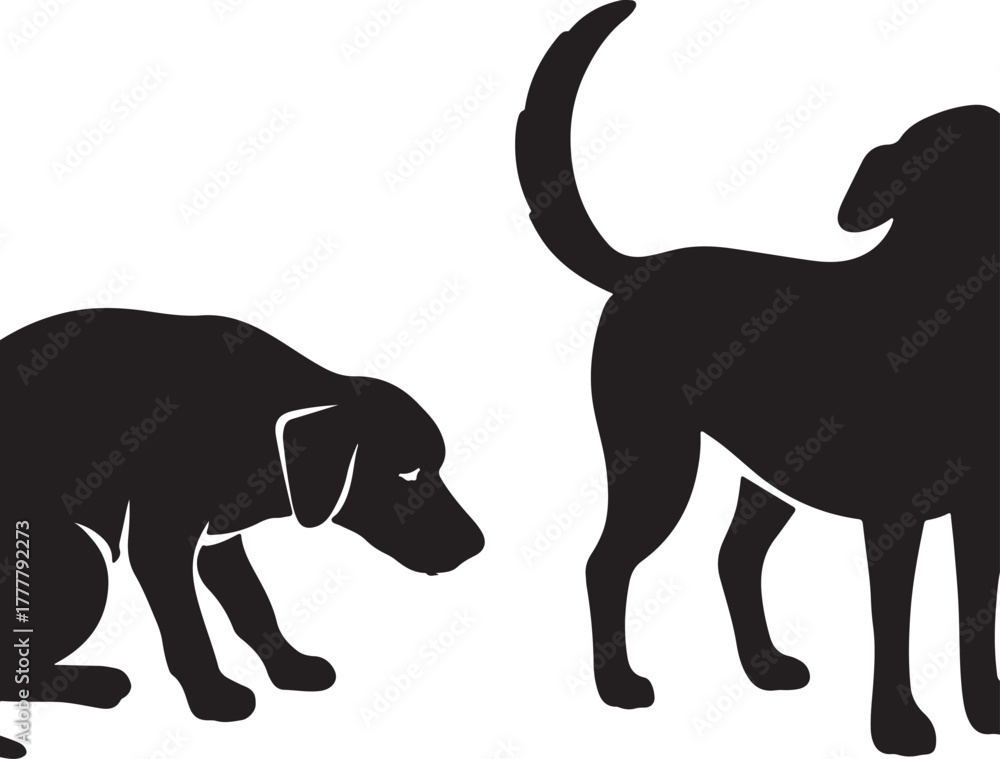 Fototapeta premium Two black silhouettes of dogs one sniffing and one with tail raised