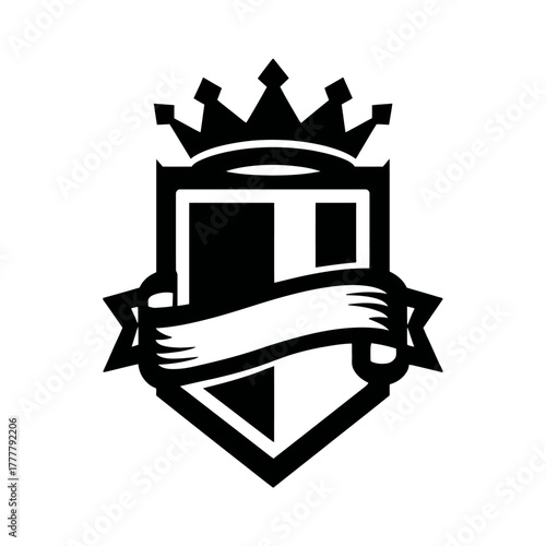 Elegant monochrome heraldic shield with royal crown and blank banner, vintage emblem crest design element. Vector icon template.