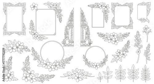 Balinese Gate and Floral Border Elements Line Art Collection