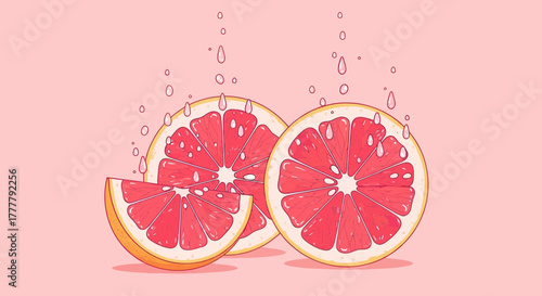 Vibrant Citrus Slice Illustration With Sparkling Juice Drops On Soft Pink Background