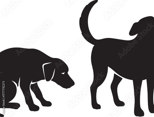 Two black silhouettes of dogs one sniffing and one with tail raised