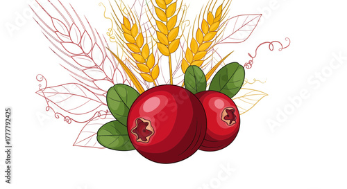 Vibrant Cranberries And Golden Wheat Depicted With Colorful Leaves Over A White Backdrop