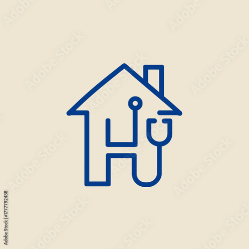 Modern blue line art illustration of a house combined with a stethoscope, symbolizing home healthcare, telehealth, and medical services at home.
