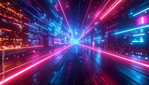 Wallpaper Mural Immersive futuristic digital pathway adorned with vibrant blue and pink neon lights, symbolizing high-speed data flow within a virtual reality network or cybernetic landscape Torontodigital.ca