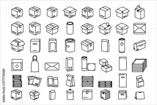 Collection of isometric box and container icons for packaging needs