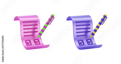 Checklist documents with marked tasks symbolizing successful completion survey form and official contract agreement 3D render.