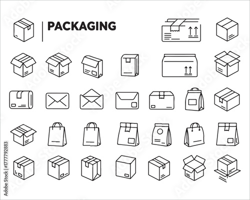 Collection of outline package icons for business and e commerce needs