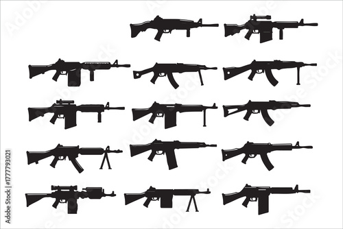 Collection of various assault rifles machine guns in black silhouette style