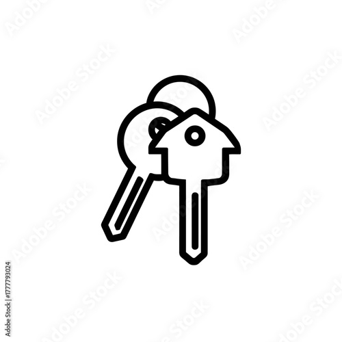 Black Line Art House Key and Standard Key Icon on Ring. Real Estate, Home Ownership, Security, Property, Access Symbol.