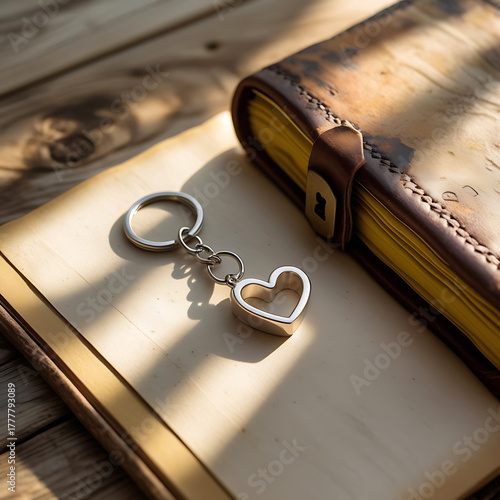 Heart Shaped Keychain on Open Vintage Journal with Lock book