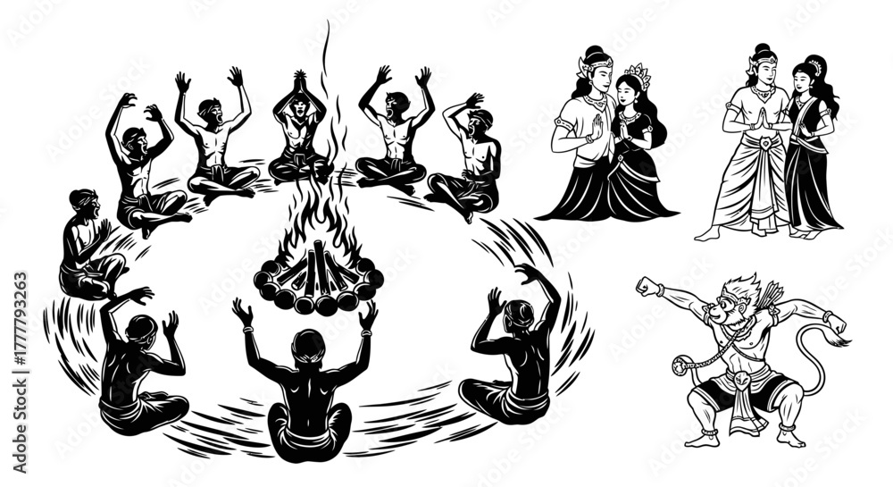 Naklejka premium Hindu Ritualistic Scene with Figures and Hanuman Illustration