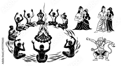 Hindu Ritualistic Scene with Figures and Hanuman Illustration