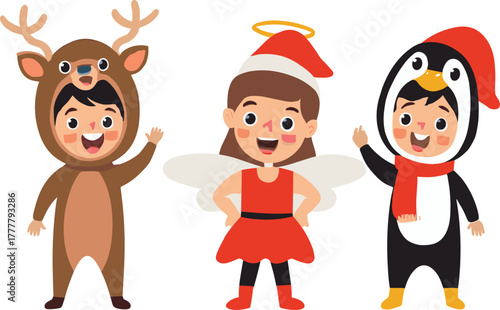 Christmas costume kids vector, festive child illustration, reindeer, angel, penguin outfits, holiday character design, winter celebration art, joyful scene