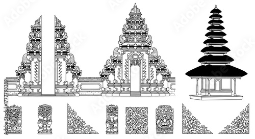 Balinese Temple Architecture Elements Line Art Collection