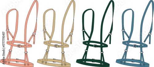 Collection of illustrated horse bridles in assorted colors, showcasing essential equestrian tack for riding, training, and horse care, isolated on a clean background
