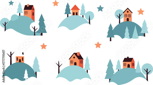 Winter landscape with houses, hills, and trees