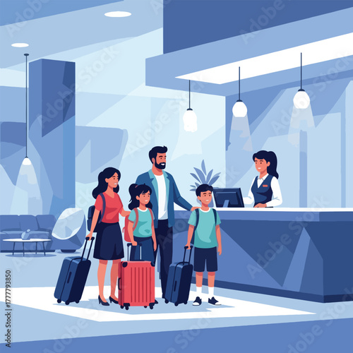 A family of four with luggage at a hotel reception desk, checking in with a receptionist.