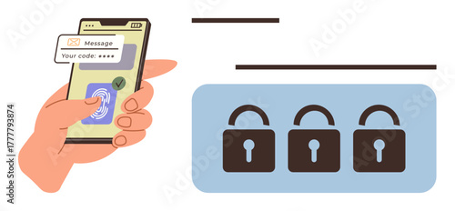 Hand holding smartphone with fingerprint authentication and verification code. Three lock icons suggesting security. Ideal for cybersecurity, technology, privacy, authentication, safety, identity