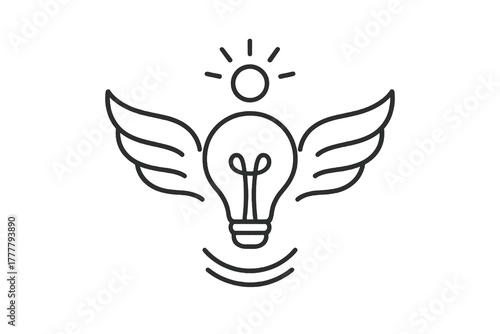 Black and white thin line vector icon of a light bulb with wings and radiant circle, representing creativity, imagination, and the freedom of innovative thinking.