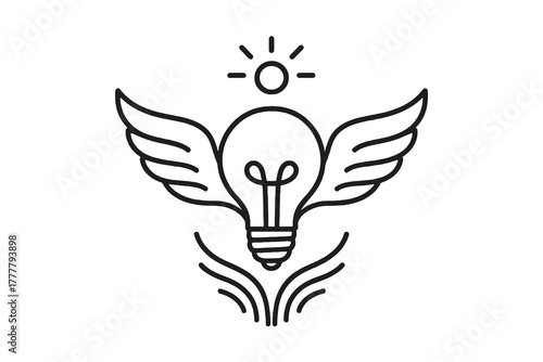 Foto Detailed linear icon showing a flying bulb with a glowing halo, symbolizing inspiration, artistic imagination, and creativity beyond limits in design and ideas
