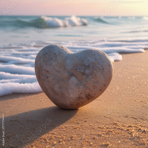 Heart shaped stone at the edge of the ocean with foamy waves on the sand rock beach
