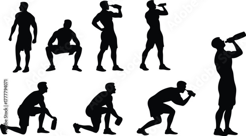 Fitness lifestyle silhouettes enjoying refreshing hydration, celebrating athletic achievements, dynamic energy and wellbeing, sporty figure, vector origin