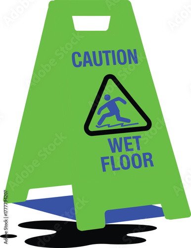 Green floor-standing vector caution sign with blue "CAUTION WET FLOOR" text and slipping figure icon, used to prevent slip hazards.