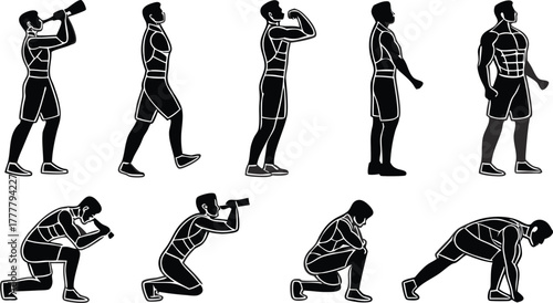 Dynamic silhouette vector poses of a man for athletics, fitness instruction, or sport training visuals, showcasing strength and movement in bold design