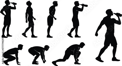 Silhouette athletic man workout training hydration vector graphic set, drink water, exercise, healthy lifestyle, active, sporty, fitness for commercial use