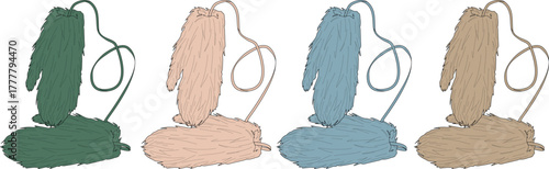 Abstract illustration of four colorful mittens with cords in various shades, artistic design