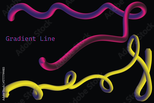 vibrant gradient curved line abstract design on black background, colorful 3d twisted tube light effect art, neon gradient wave shape modern background illustration