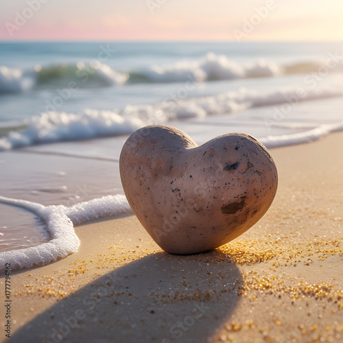 Heart shaped stone on sandy beach with gentle ocean waves at sunset rock
