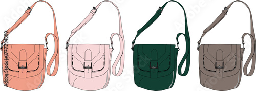 Vector collection of a women's crossbody handbag shown in four different colorways. Fashionable purse accessory flat sketch illustration set
