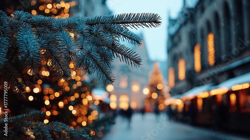 Fototapeta Naklejka Na Ścianę i Meble -  Christmas city street with lights and decorated tree