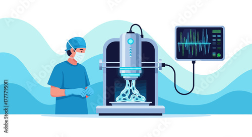 Medical professional overseeing a 3D bioprinting process for regenerative medicine purposes
