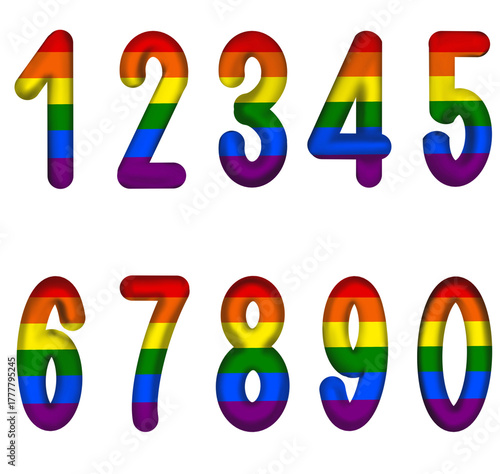 A set of number 0 to 9 with Pride colors  theme, red, orange, yellow, green , blue, purple color. Isolated background with png file.