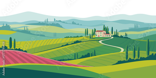 Scenic Tuscany Landscape Illustration of Rolling Hills with Villa and Cypress Trees Vector Design