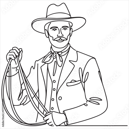 Vintage Cowboy Holding Lasso, Confident Western Man in Classic Attire, American Frontier Icon