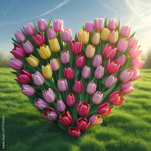 Heart Shaped Tulip Arrangement on Grassy Field Under Sky tulips floral