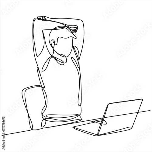 Minimalist continuous line illustration of an office worker taking a stretch break at a laptop desk, emphasizing wellbeing and desk ergonomics