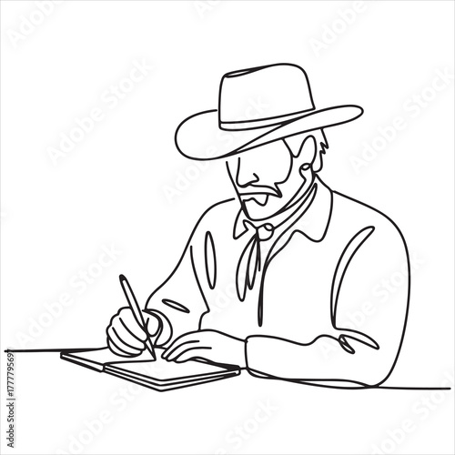 Stylish continuous line art depicts a classic cowboy character focused on writing in a notebook, embodying a pensive and introspective mood