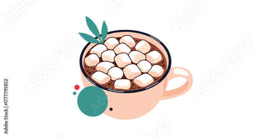 Delicious hot chocolate with a generous layer of fluffy white marshmallows and a decorative leaf, a comforting winter beverage.