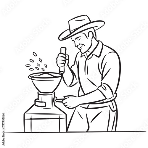 A man in a cowboy hat using a grain mill for processing seeds or grains on a table